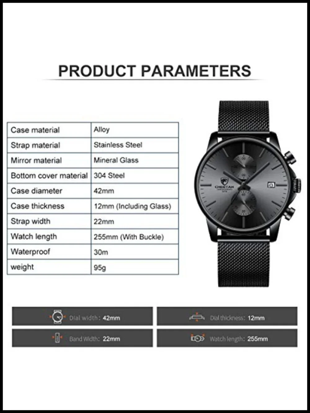 Mens Quartz Analog Chronograph Watch Mesh Stainless Steel Waterproof Auto Date